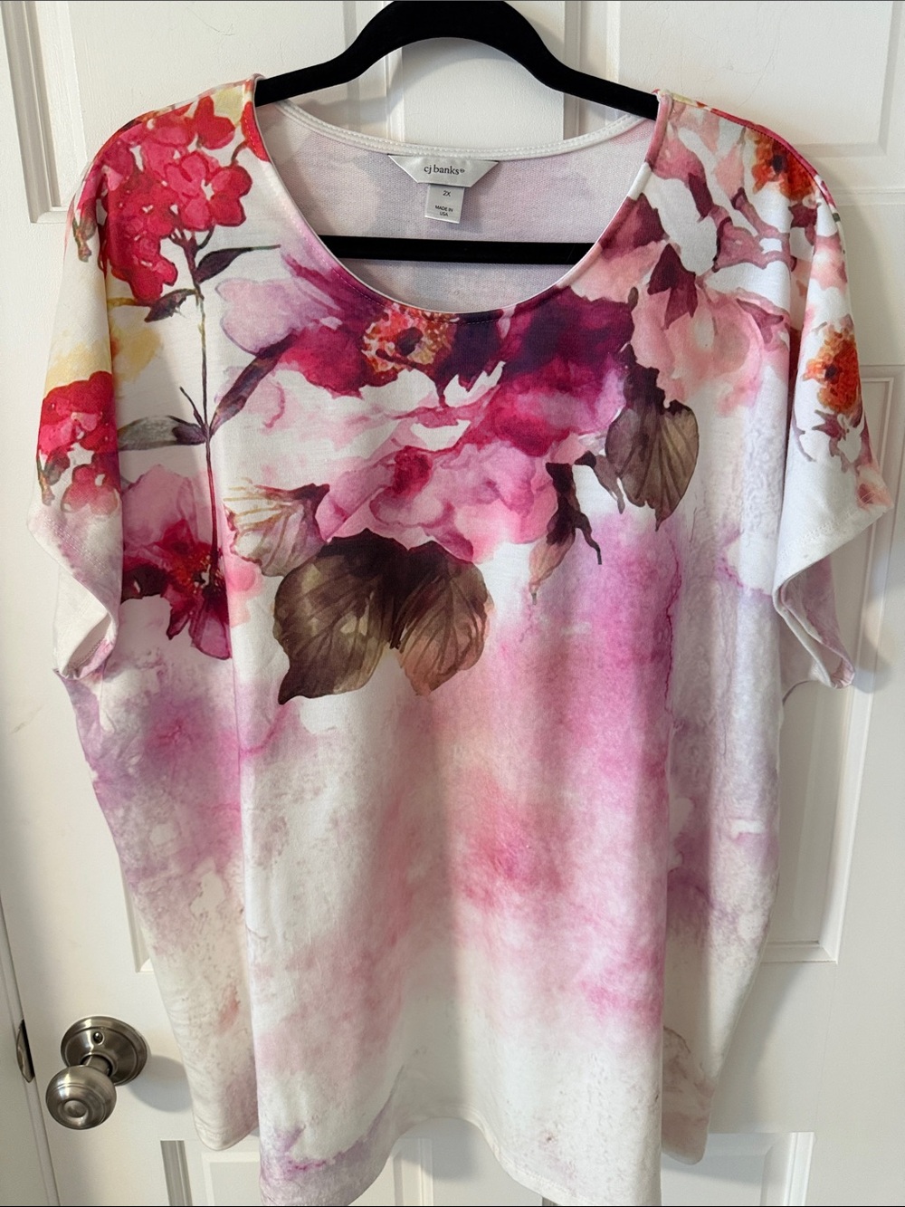 CJ Banks Floral Pink Magenta Watercolor ScoopNeck Top Short Sleeve Soft Size 2X